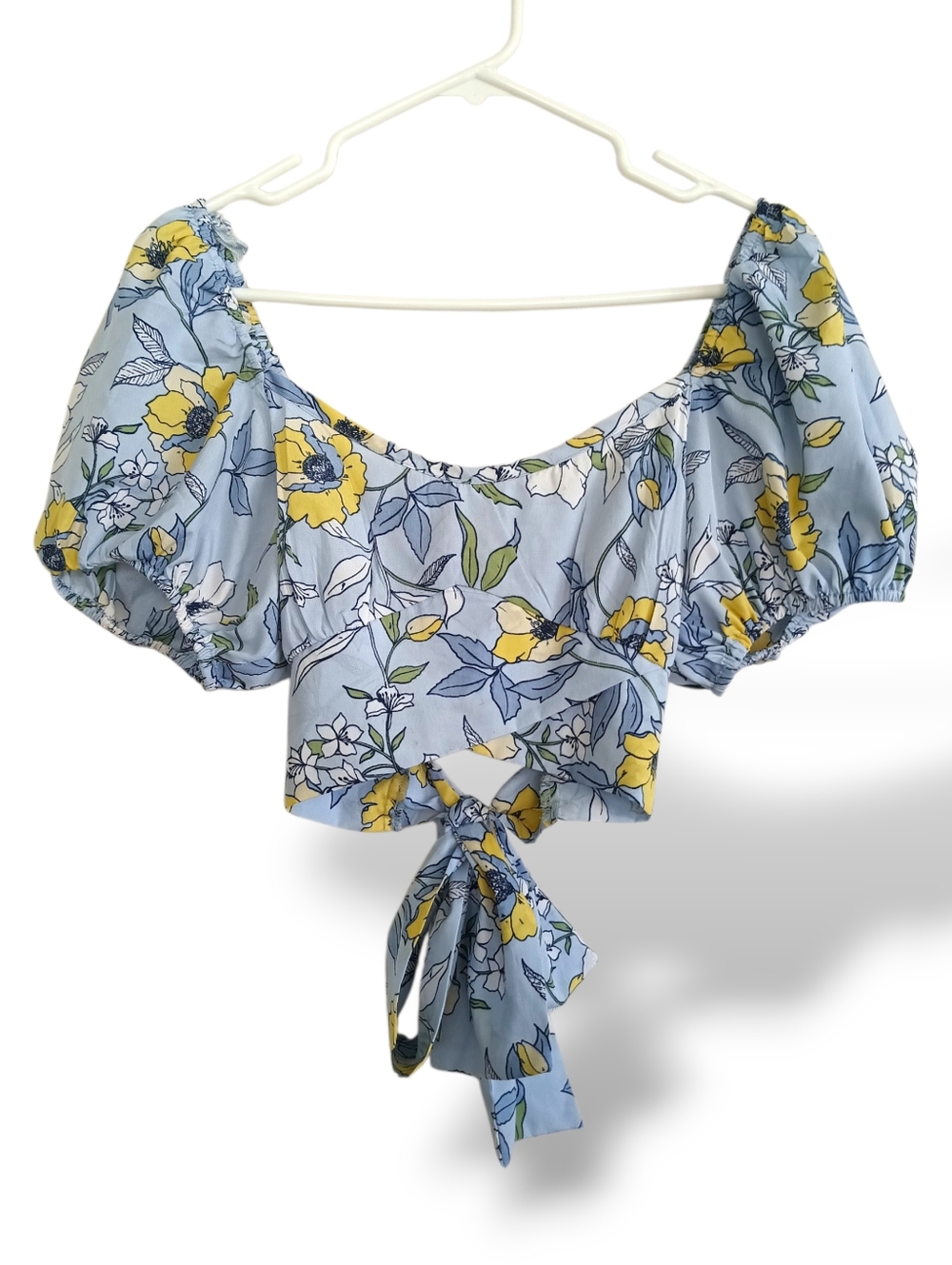 Bog Collectiv Floral Puff Sleeve Crop Top Light Blue Yellow Square Neck Romantic